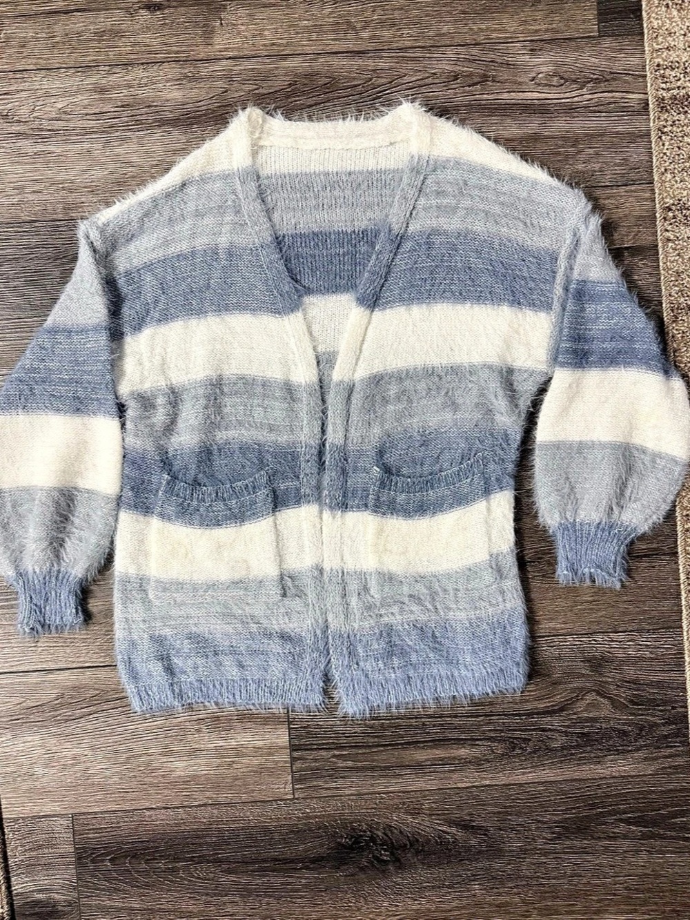 Blue White Fuzzy Striped Open Front Cardigan Size L